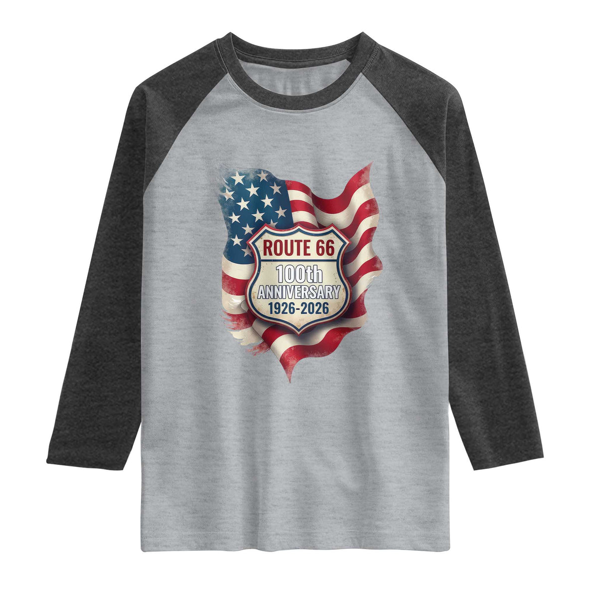 Route Highway 66 Centennial Raglan Shirt Vintage American Flag Patriotic Gift TS12 Heather Gray Heather Charcoal Print Your Wear