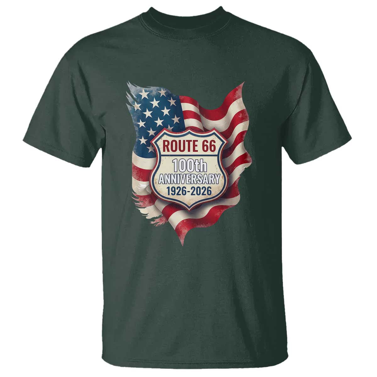 Route Highway 66 Centennial T Shirt Vintage American Flag Patriotic Gift TS12 Dark Forest Green Print Your Wear