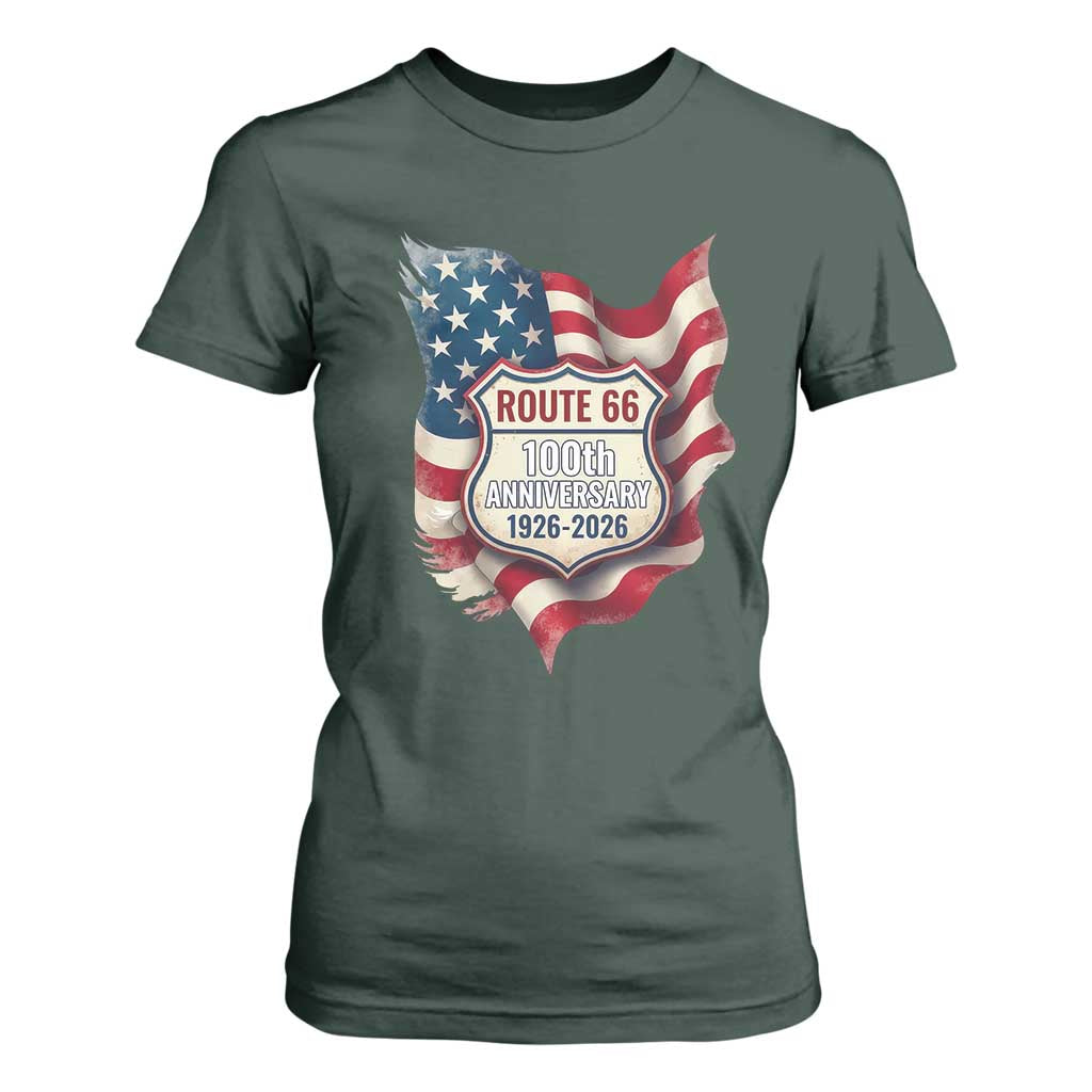 Route Highway 66 Centennial T Shirt For Women Vintage American Flag Patriotic Gift TS12 Dark Forest Green Print Your Wear