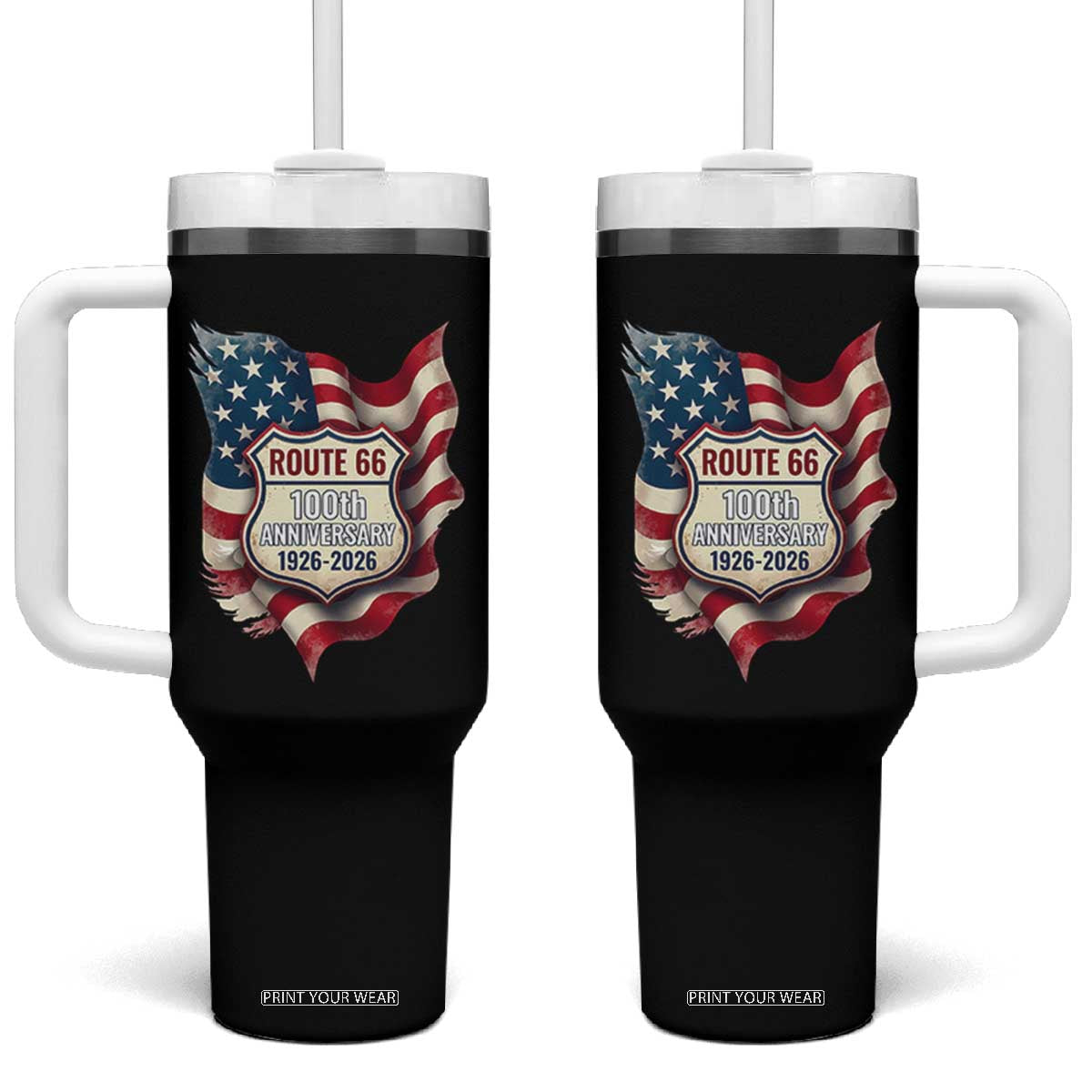 Route Highway 66 Centennial Tumbler With Handle Vintage American Flag Patriotic Gift TS12 One Size: 40 oz Black Print Your Wear