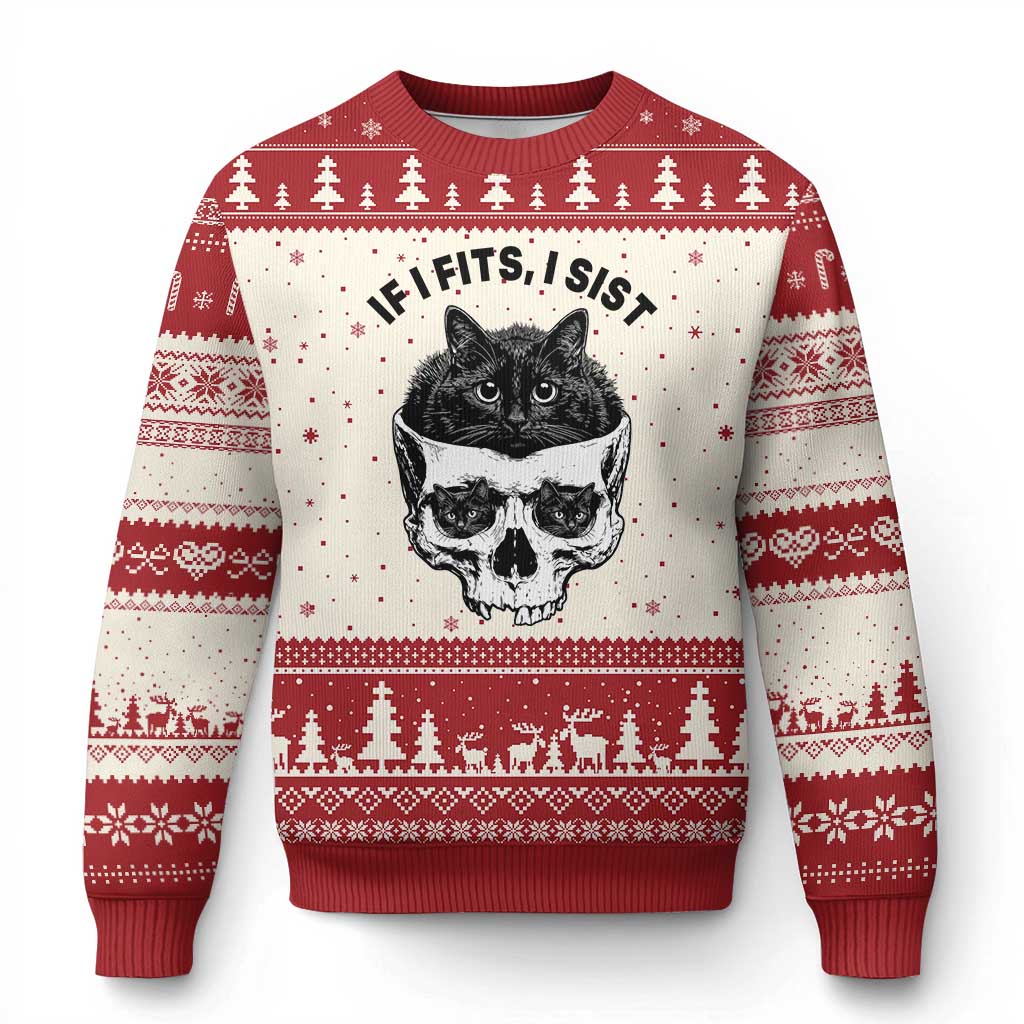 If I Fits I Sits Black Cat Skull Ugly Christmas Sweater Gothic Dark Humor Gift TS12 Beige Red Print Your Wear