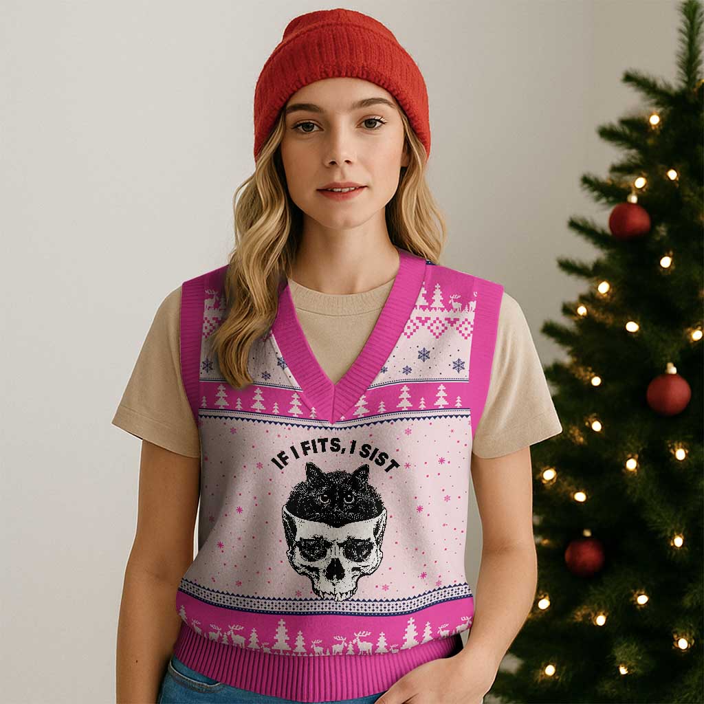 If I Fits I Sits Black Cat Skull V-Neck Knit Sweater Vest Gothic Dark Humor Gift TS12 Hot Pink Print Your Wear