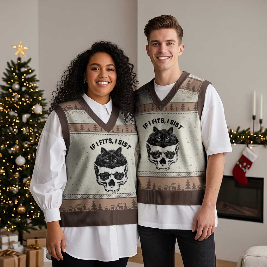 If I Fits I Sits Black Cat Skull V-Neck Knit Sweater Vest Gothic Dark Humor Gift TS12 Mocha Mousse Print Your Wear