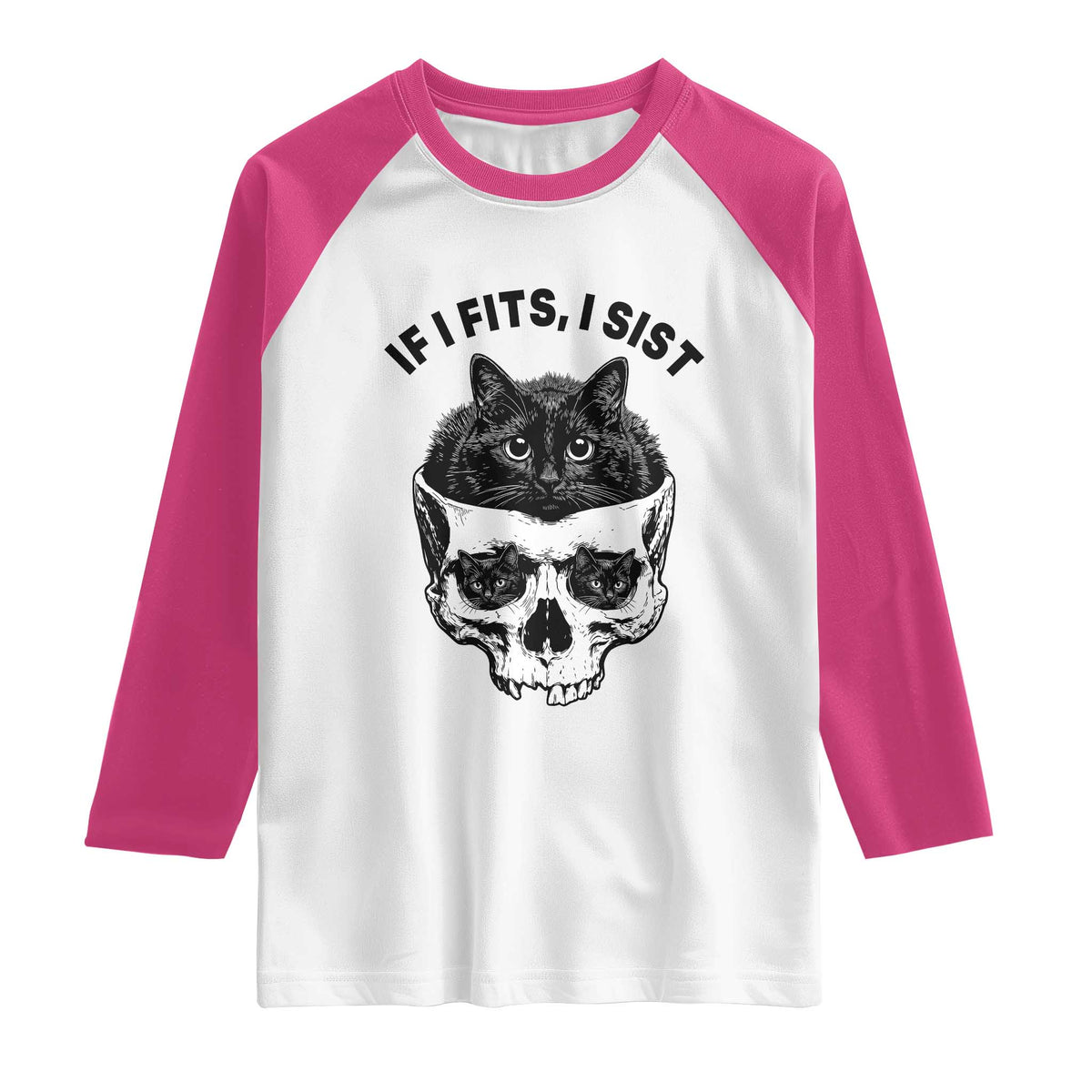 If I Fits I Sits Black Cat Skull Raglan Shirt Gothic Dark Humor Gift TS12 White Heliconia Print Your Wear