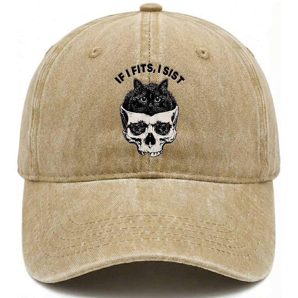 If I Fits I Sits Black Cat Skull Washed Cotton Baseball Cap Gothic Dark Humor Gift TS12 Print Your Wear