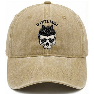 If I Fits I Sits Black Cat Skull Washed Cotton Baseball Cap Gothic Dark Humor Gift TS12 Print Your Wear