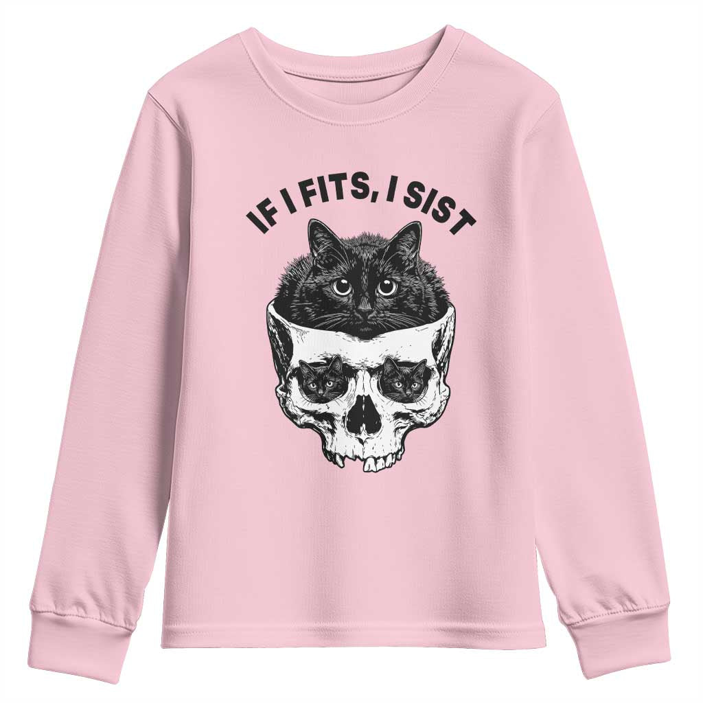 If I Fits I Sits Black Cat Skull Youth Sweatshirt Gothic Dark Humor Gift TS12 Light Pink Print Your Wear