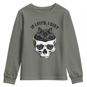 If I Fits I Sits Black Cat Skull Youth Sweatshirt Gothic Dark Humor Gift TS12 Military Green Print Your Wear