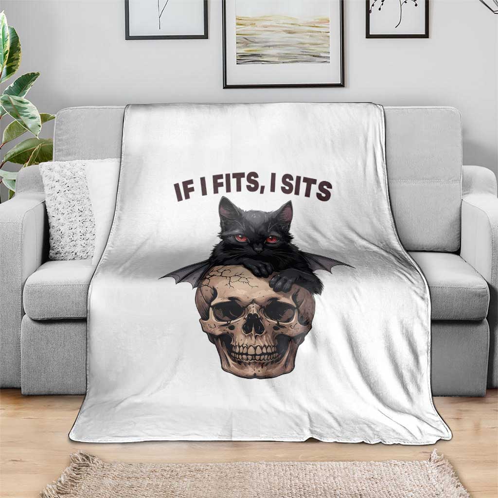 Gothic Cat Skull Graphic Throw Blanket If I Fits I Sits Creepy Cute Gift TS12 Print Your Wear