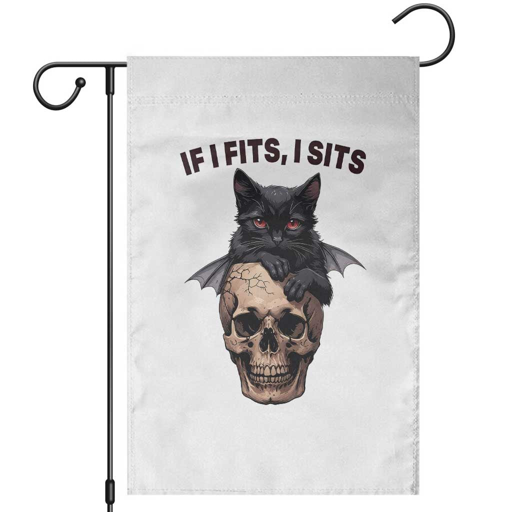 Gothic Cat Skull Graphic Garden Flag If I Fits I Sits Creepy Cute Gift TS12 White Print Your Wear