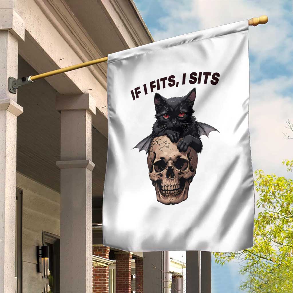 Gothic Cat Skull Graphic Garden Flag If I Fits I Sits Creepy Cute Gift TS12 Print Your Wear