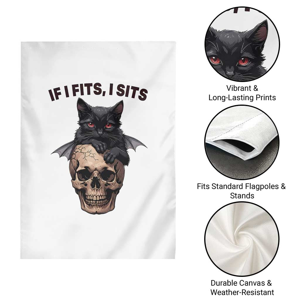 Gothic Cat Skull Graphic Garden Flag If I Fits I Sits Creepy Cute Gift TS12 Print Your Wear