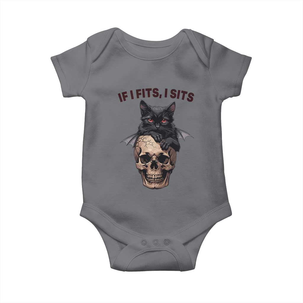 Gothic Cat Skull Graphic Baby Onesie If I Fits I Sits Creepy Cute Gift TS12 Charcoal Print Your Wear