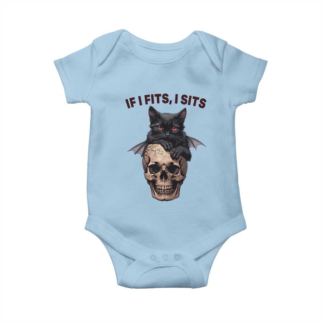 Gothic Cat Skull Graphic Baby Onesie If I Fits I Sits Creepy Cute Gift TS12 Light Blue Print Your Wear