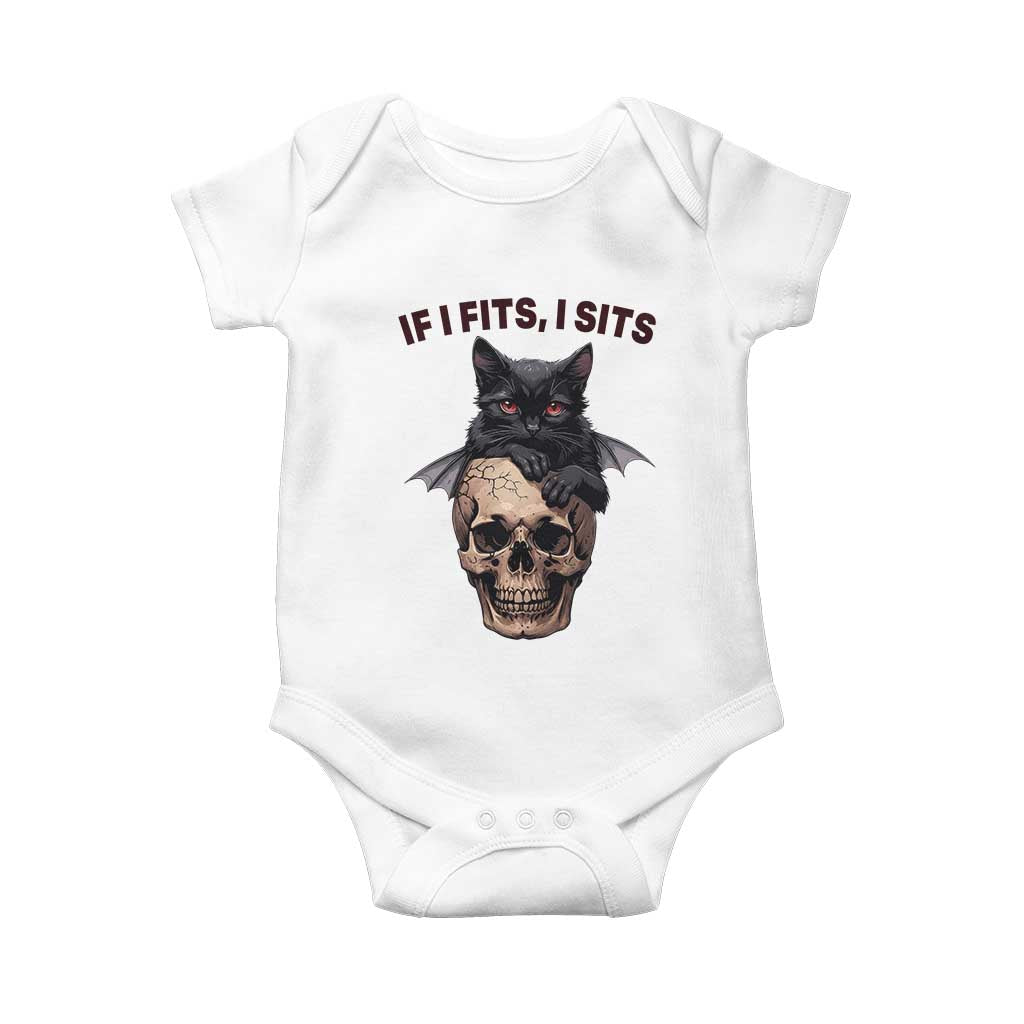 Gothic Cat Skull Graphic Baby Onesie If I Fits I Sits Creepy Cute Gift TS12 White Print Your Wear