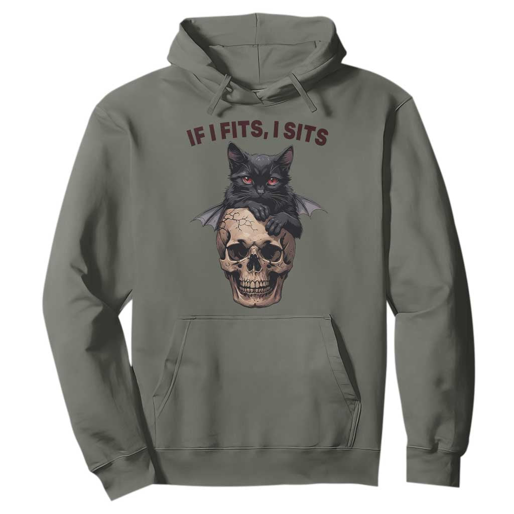 Gothic Cat Skull Graphic Hoodie If I Fits I Sits Creepy Cute Gift TS12 Military Green Print Your Wear