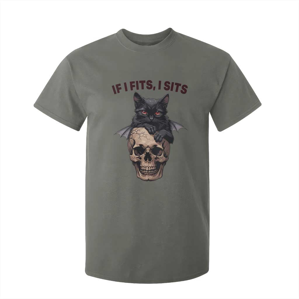 Gothic Cat Skull Graphic T Shirt For Kid If I Fits I Sits Creepy Cute Gift TS12 Military Green Print Your Wear