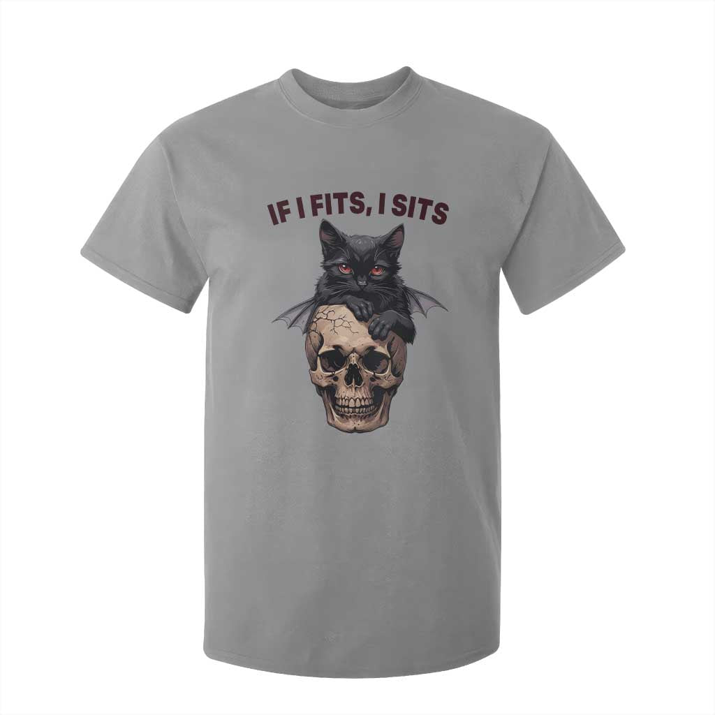 Gothic Cat Skull Graphic T Shirt For Kid If I Fits I Sits Creepy Cute Gift TS12 Sport Gray Print Your Wear