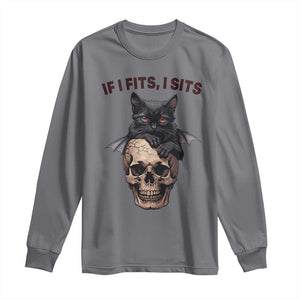 Gothic Cat Skull Graphic Long Sleeve Shirt If I Fits I Sits Creepy Cute Gift TS12 Charcoal Print Your Wear