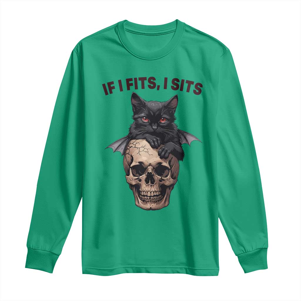 Gothic Cat Skull Graphic Long Sleeve Shirt If I Fits I Sits Creepy Cute Gift TS12 Irish Green Print Your Wear