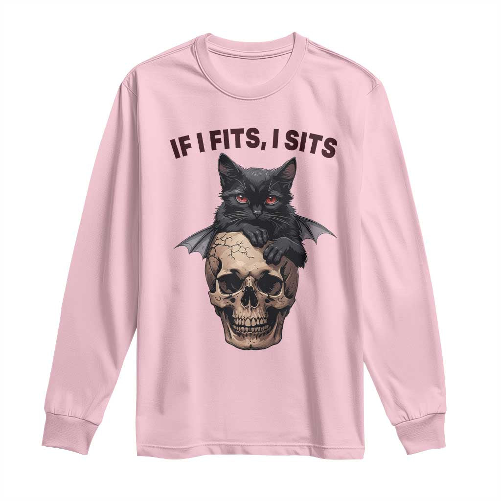 Gothic Cat Skull Graphic Long Sleeve Shirt If I Fits I Sits Creepy Cute Gift TS12 Light Pink Print Your Wear