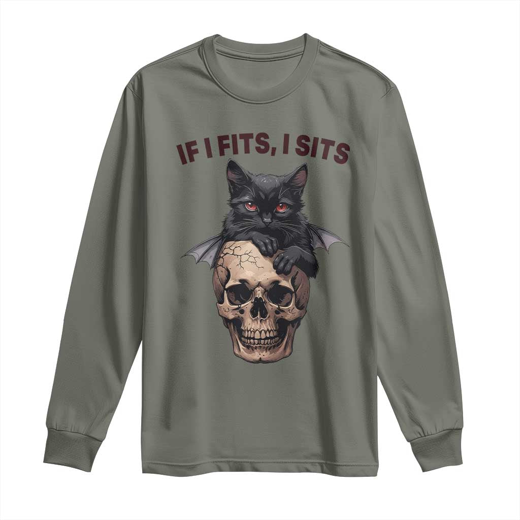 Gothic Cat Skull Graphic Long Sleeve Shirt If I Fits I Sits Creepy Cute Gift TS12 Military Green Print Your Wear