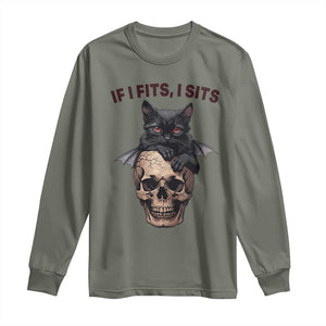 Gothic Cat Skull Graphic Long Sleeve Shirt If I Fits I Sits Creepy Cute Gift TS12 Military Green Print Your Wear