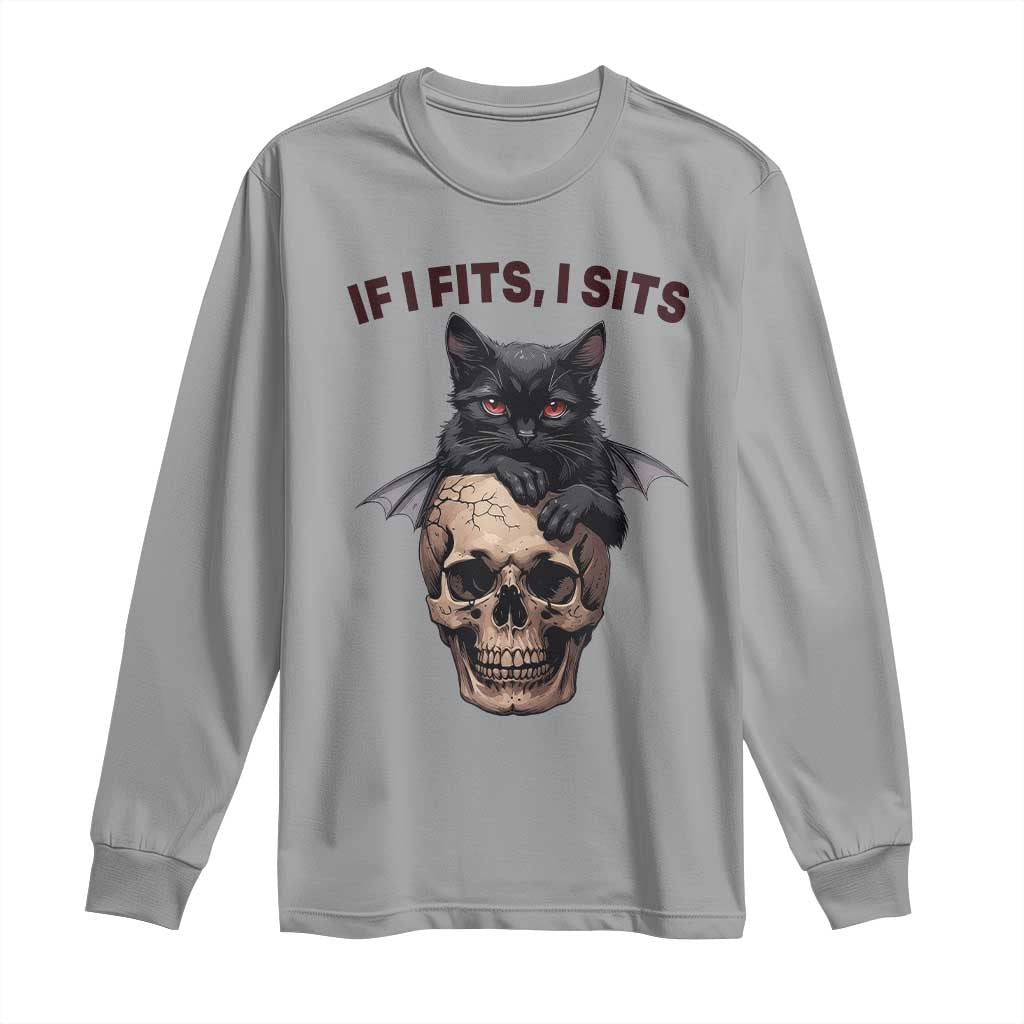 Gothic Cat Skull Graphic Long Sleeve Shirt If I Fits I Sits Creepy Cute Gift TS12 Sport Gray Print Your Wear