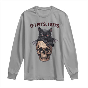 Gothic Cat Skull Graphic Long Sleeve Shirt If I Fits I Sits Creepy Cute Gift TS12 Sport Gray Print Your Wear