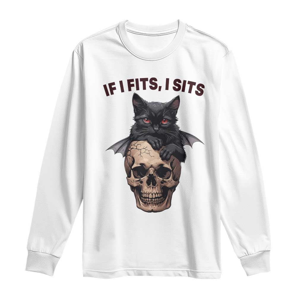 Gothic Cat Skull Graphic Long Sleeve Shirt If I Fits I Sits Creepy Cute Gift TS12 White Print Your Wear