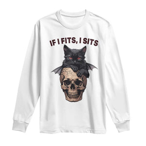 Gothic Cat Skull Graphic Long Sleeve Shirt If I Fits I Sits Creepy Cute Gift TS12 White Print Your Wear