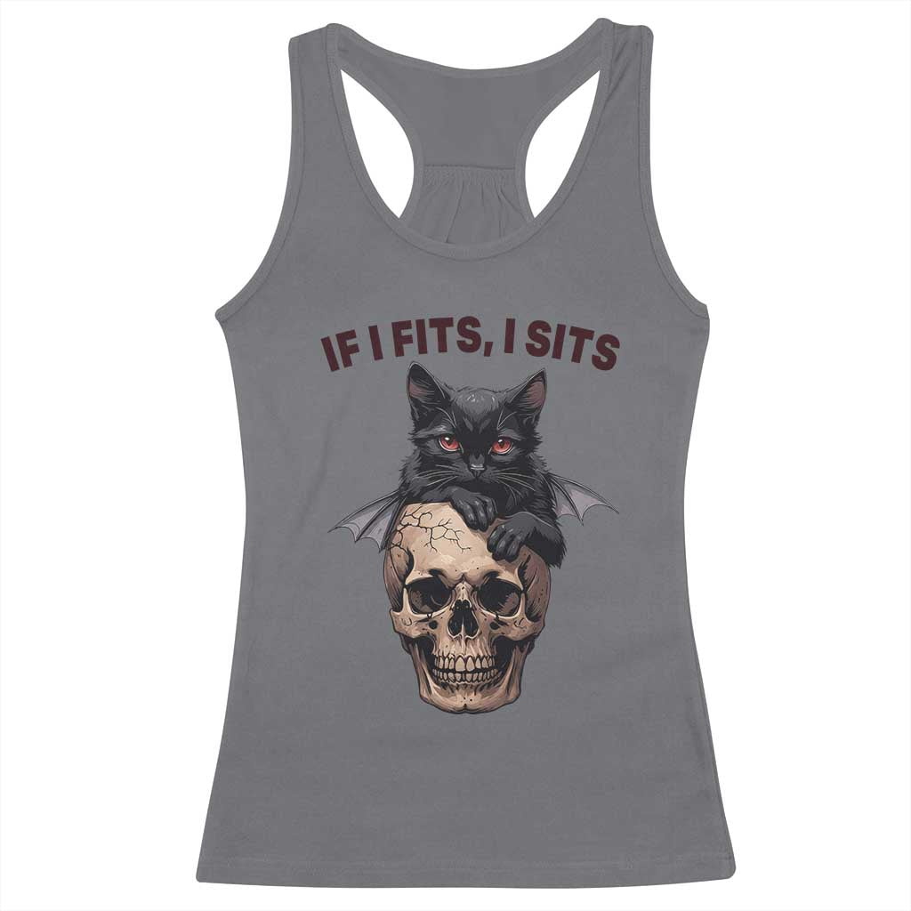Gothic Cat Skull Graphic Racerback Tank Top If I Fits I Sits Creepy Cute Gift TS12 Charcoal Print Your Wear