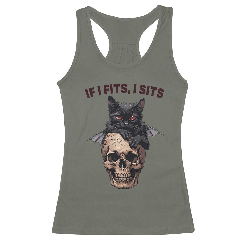 Gothic Cat Skull Graphic Racerback Tank Top If I Fits I Sits Creepy Cute Gift TS12 Military Green Print Your Wear