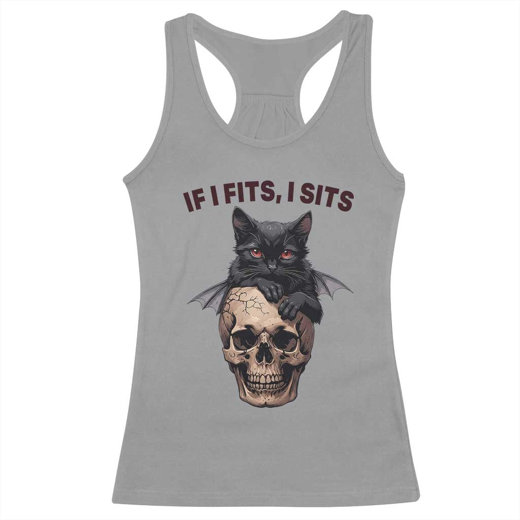 Gothic Cat Skull Graphic Racerback Tank Top If I Fits I Sits Creepy Cute Gift TS12 Sport Gray Print Your Wear