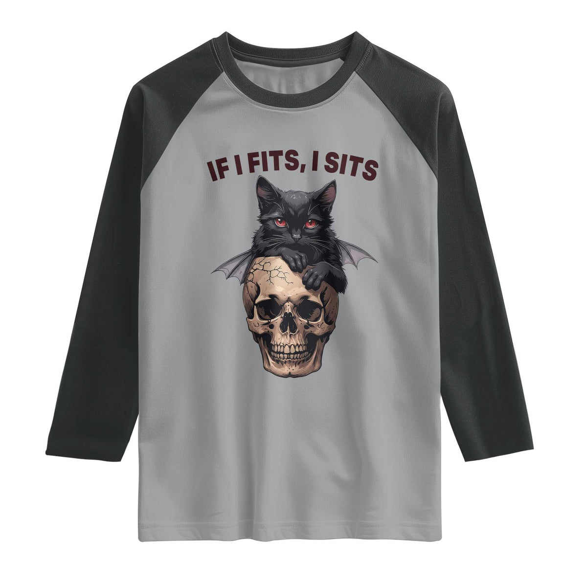 Gothic Cat Skull Graphic Raglan Shirt If I Fits I Sits Creepy Cute Gift TS12 Sport Gray Black Print Your Wear