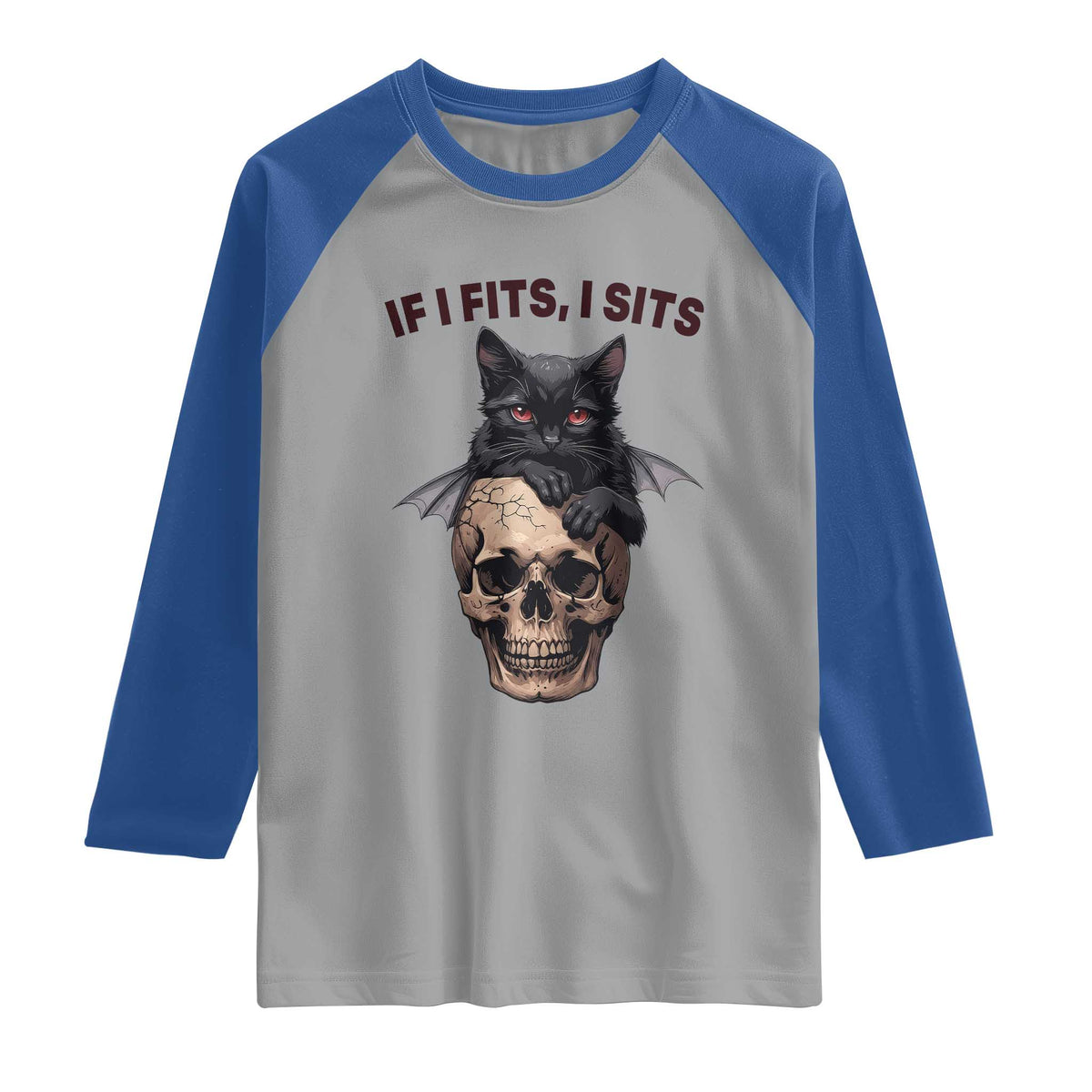 Gothic Cat Skull Graphic Raglan Shirt If I Fits I Sits Creepy Cute Gift TS12 Sport Gray Royal Print Your Wear