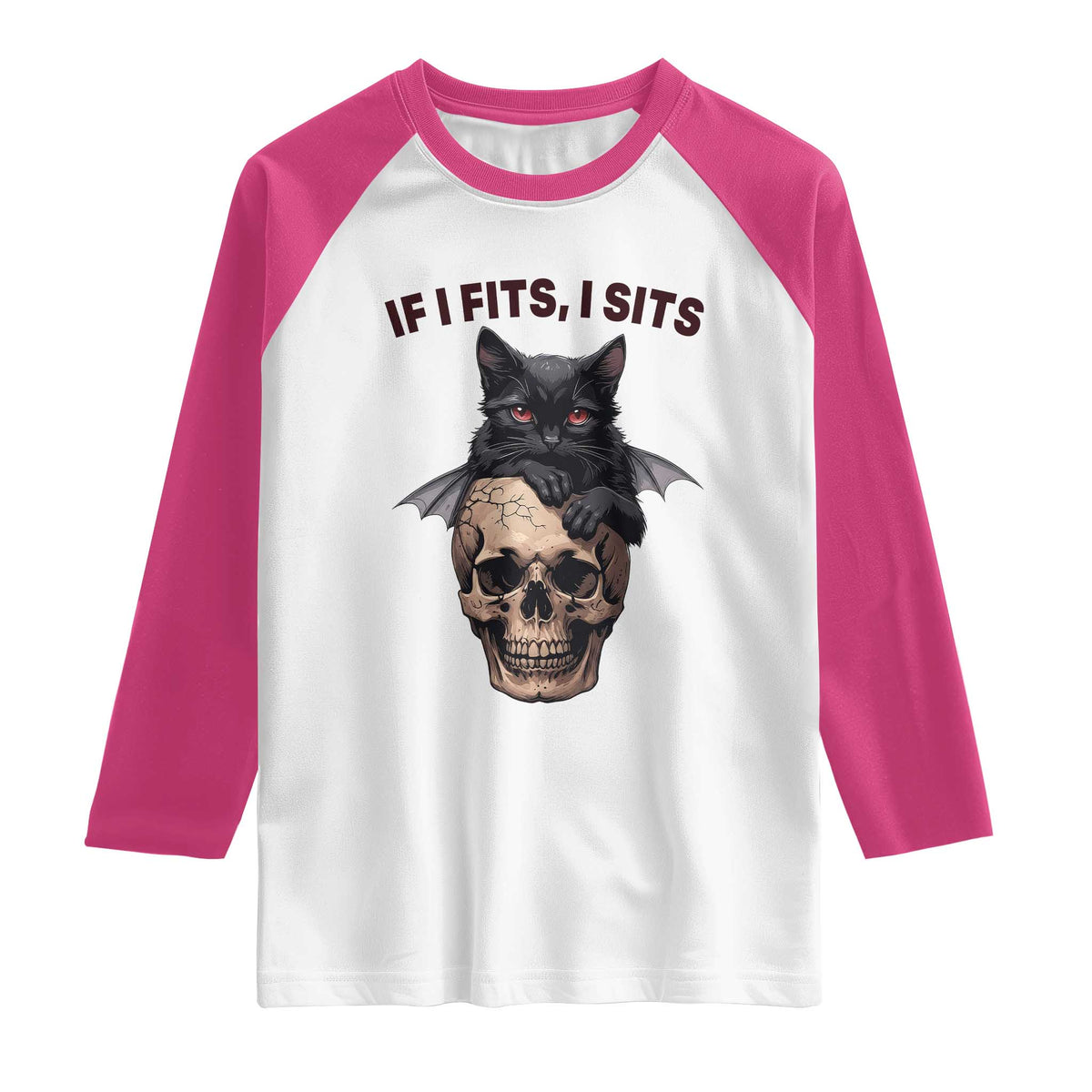 Gothic Cat Skull Graphic Raglan Shirt If I Fits I Sits Creepy Cute Gift TS12 White Heliconia Print Your Wear
