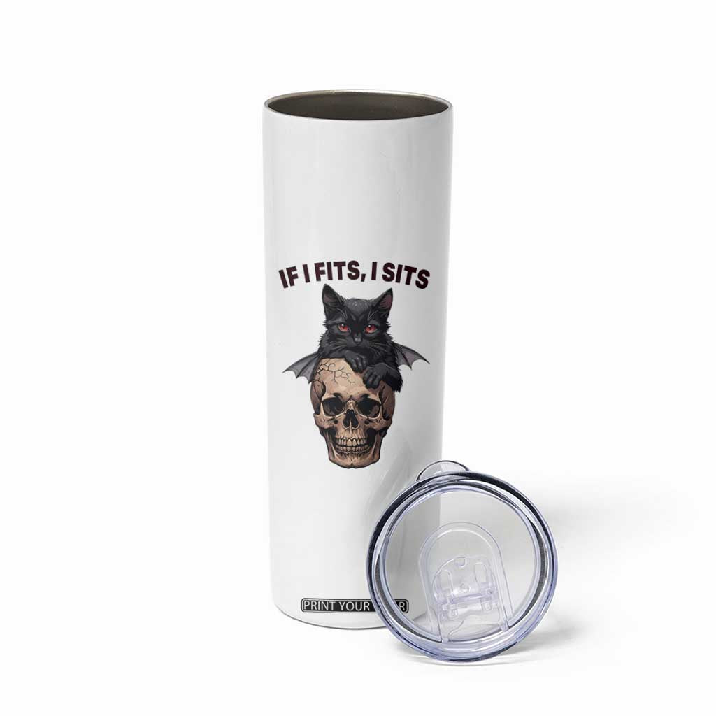 Gothic Cat Skull Graphic Skinny Tumbler If I Fits I Sits Creepy Cute Gift TS12 Print Your Wear