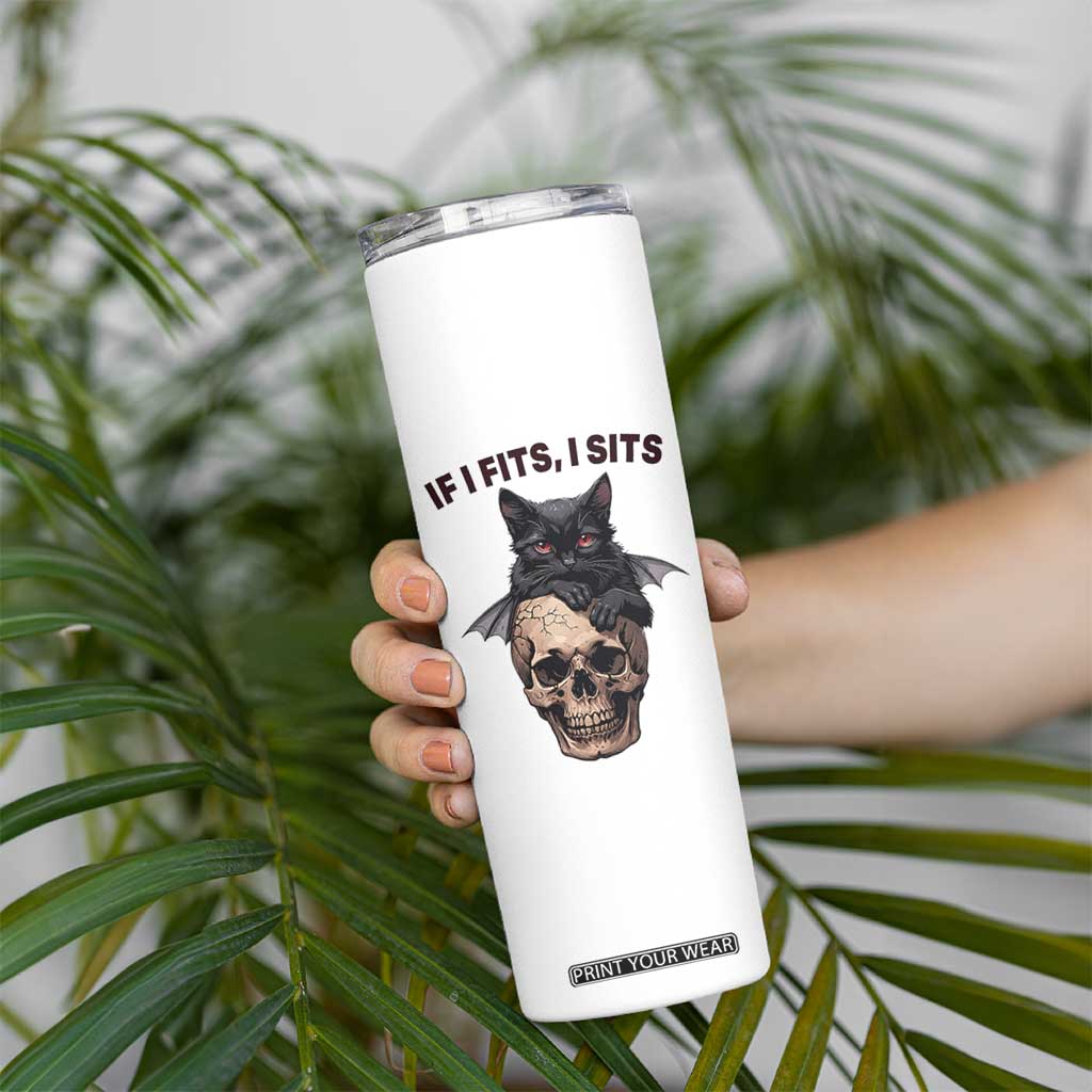 Gothic Cat Skull Graphic Skinny Tumbler If I Fits I Sits Creepy Cute Gift TS12 Print Your Wear
