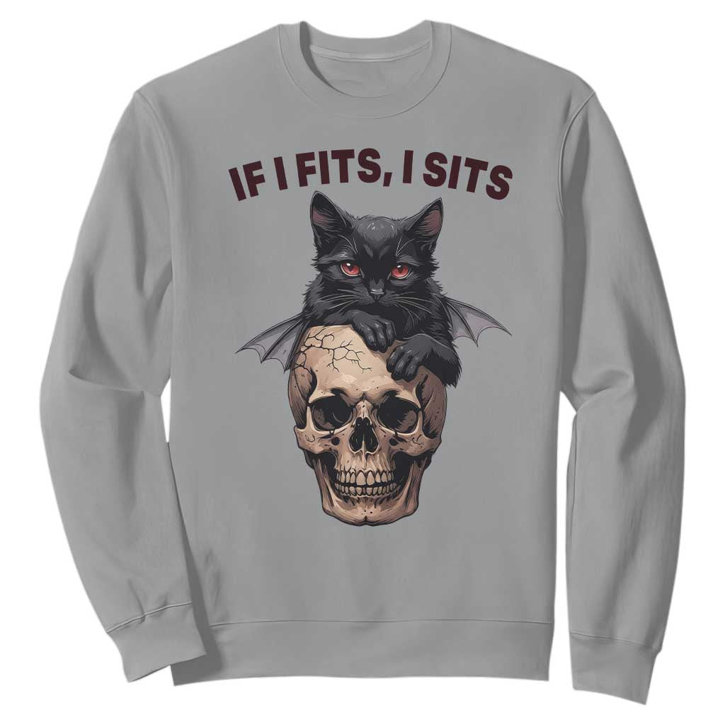 Gothic Cat Skull Graphic Sweatshirt If I Fits I Sits Creepy Cute Gift TS12 Sport Gray Print Your Wear