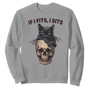 Gothic Cat Skull Graphic Sweatshirt If I Fits I Sits Creepy Cute Gift TS12 Sport Gray Print Your Wear