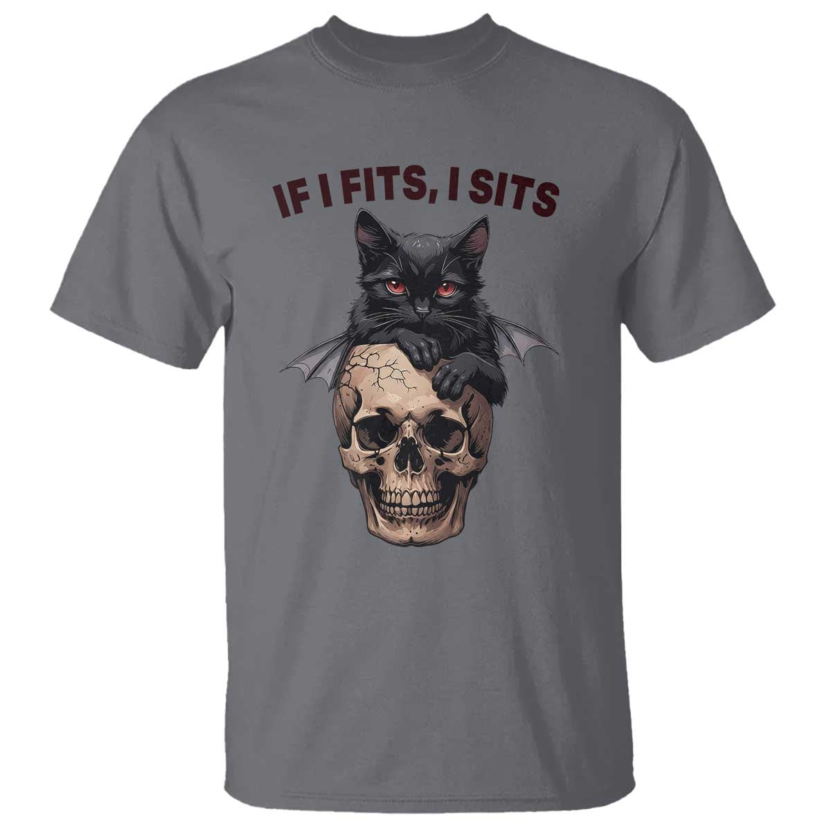 Gothic Cat Skull Graphic T Shirt If I Fits I Sits Creepy Cute Gift TS12 Charcoal Print Your Wear
