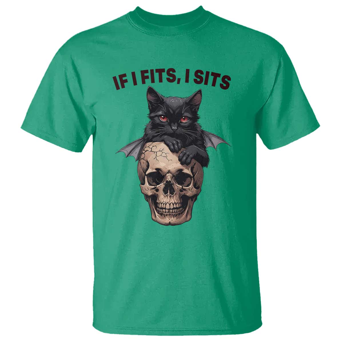 Gothic Cat Skull Graphic T Shirt If I Fits I Sits Creepy Cute Gift TS12 Irish Green Print Your Wear