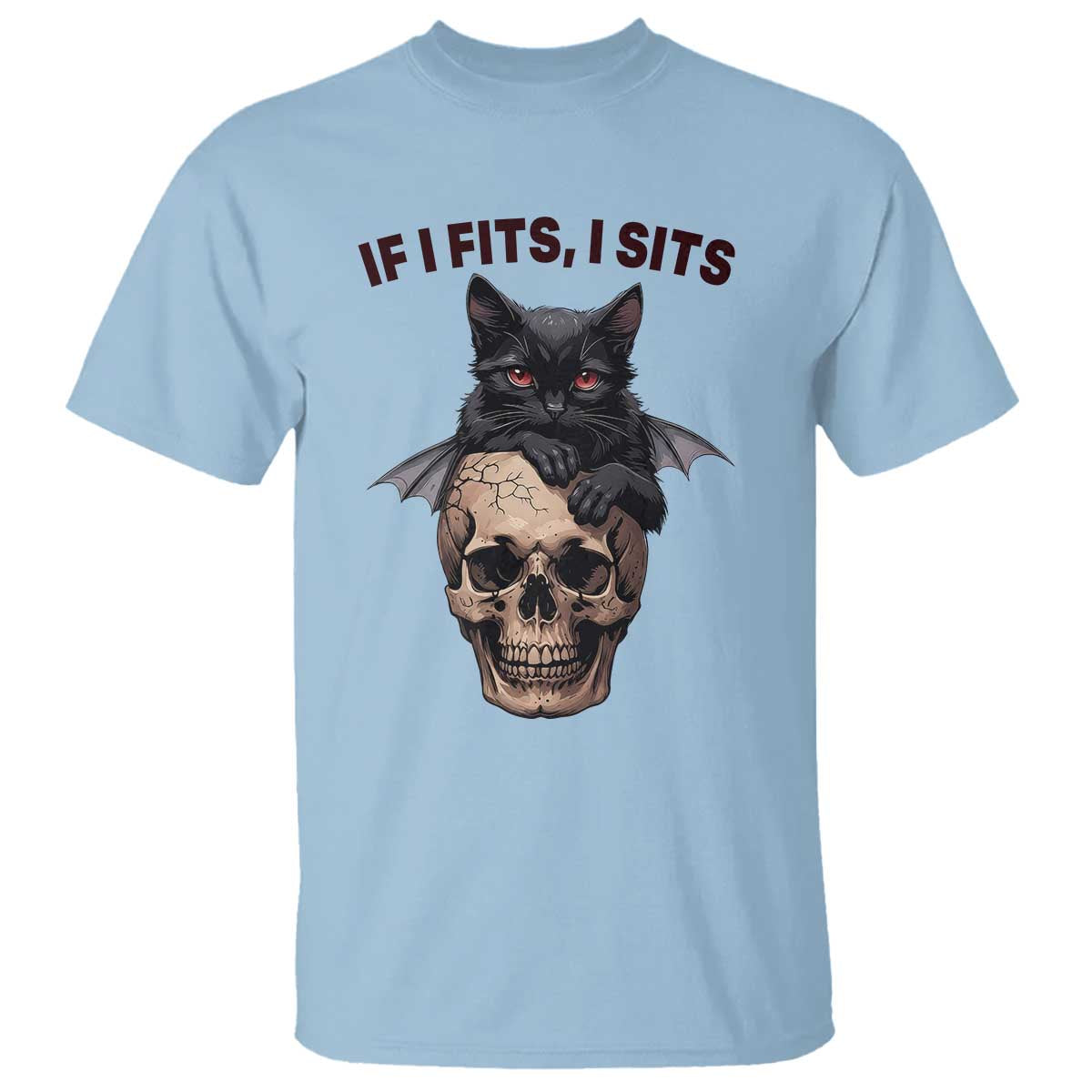 Gothic Cat Skull Graphic T Shirt If I Fits I Sits Creepy Cute Gift TS12 Light Blue Print Your Wear