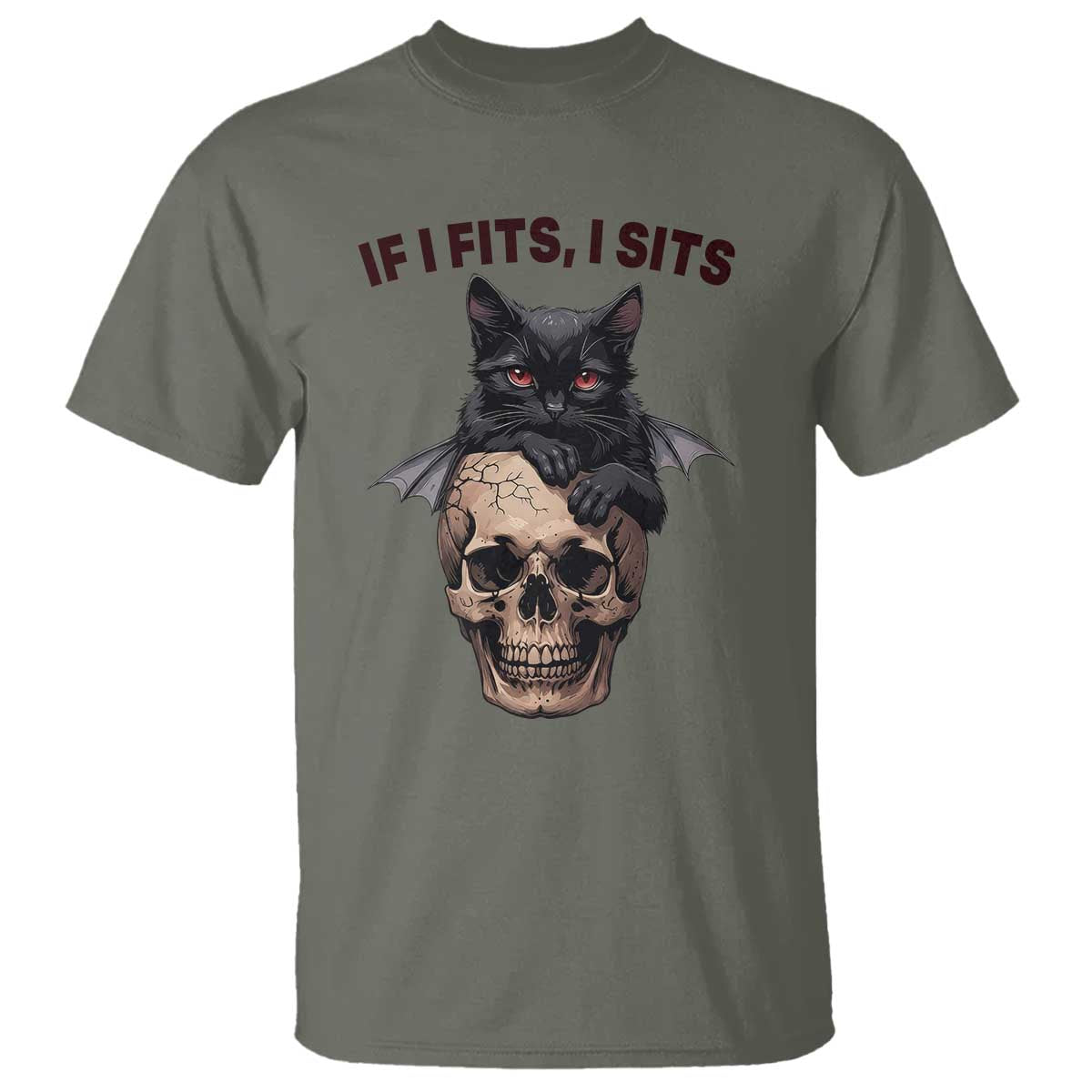 Gothic Cat Skull Graphic T Shirt If I Fits I Sits Creepy Cute Gift TS12 Military Green Print Your Wear