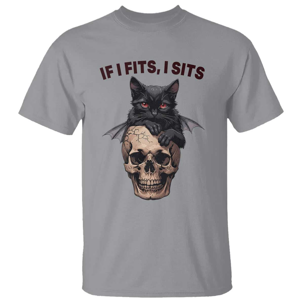 Gothic Cat Skull Graphic T Shirt If I Fits I Sits Creepy Cute Gift TS12 Sport Gray Print Your Wear
