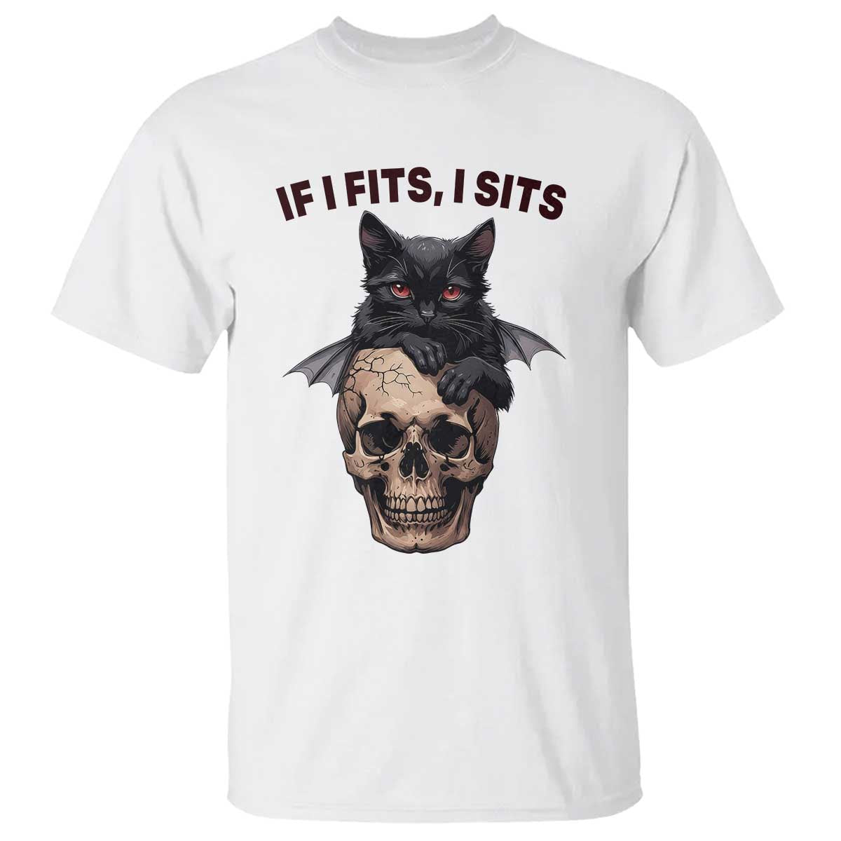 Gothic Cat Skull Graphic T Shirt If I Fits I Sits Creepy Cute Gift TS12 White Print Your Wear