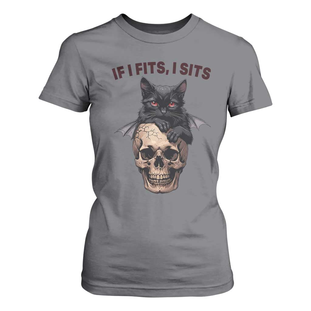 Gothic Cat Skull Graphic T Shirt For Women If I Fits I Sits Creepy Cute Gift TS12 Charcoal Print Your Wear