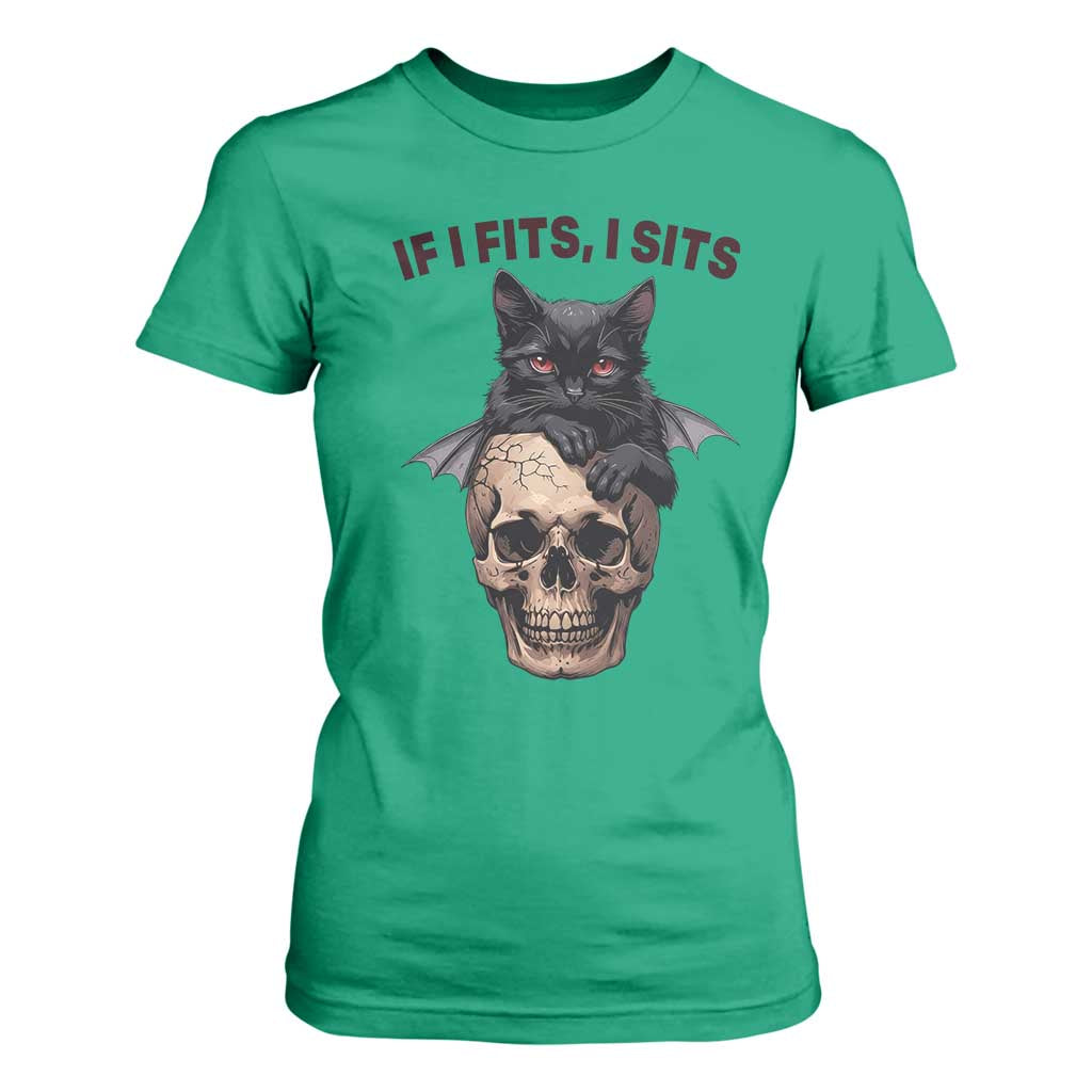 Gothic Cat Skull Graphic T Shirt For Women If I Fits I Sits Creepy Cute Gift TS12 Irish Green Print Your Wear