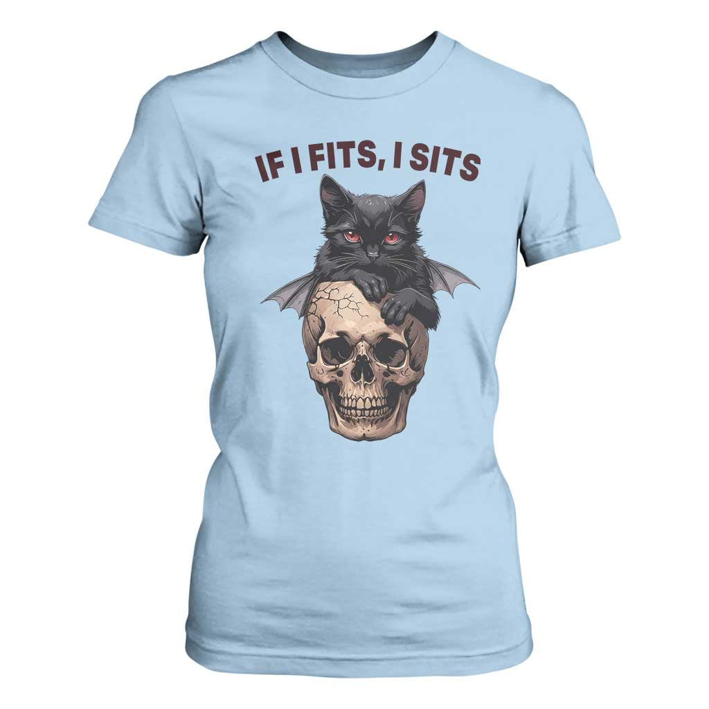 Gothic Cat Skull Graphic T Shirt For Women If I Fits I Sits Creepy Cute Gift TS12 Light Blue Print Your Wear